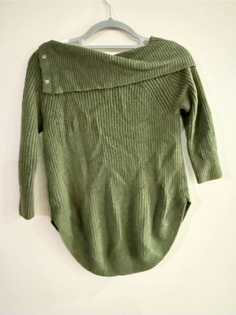 Madison Olive Off-the-Shoulder Ribbed Sweater with Button Detail